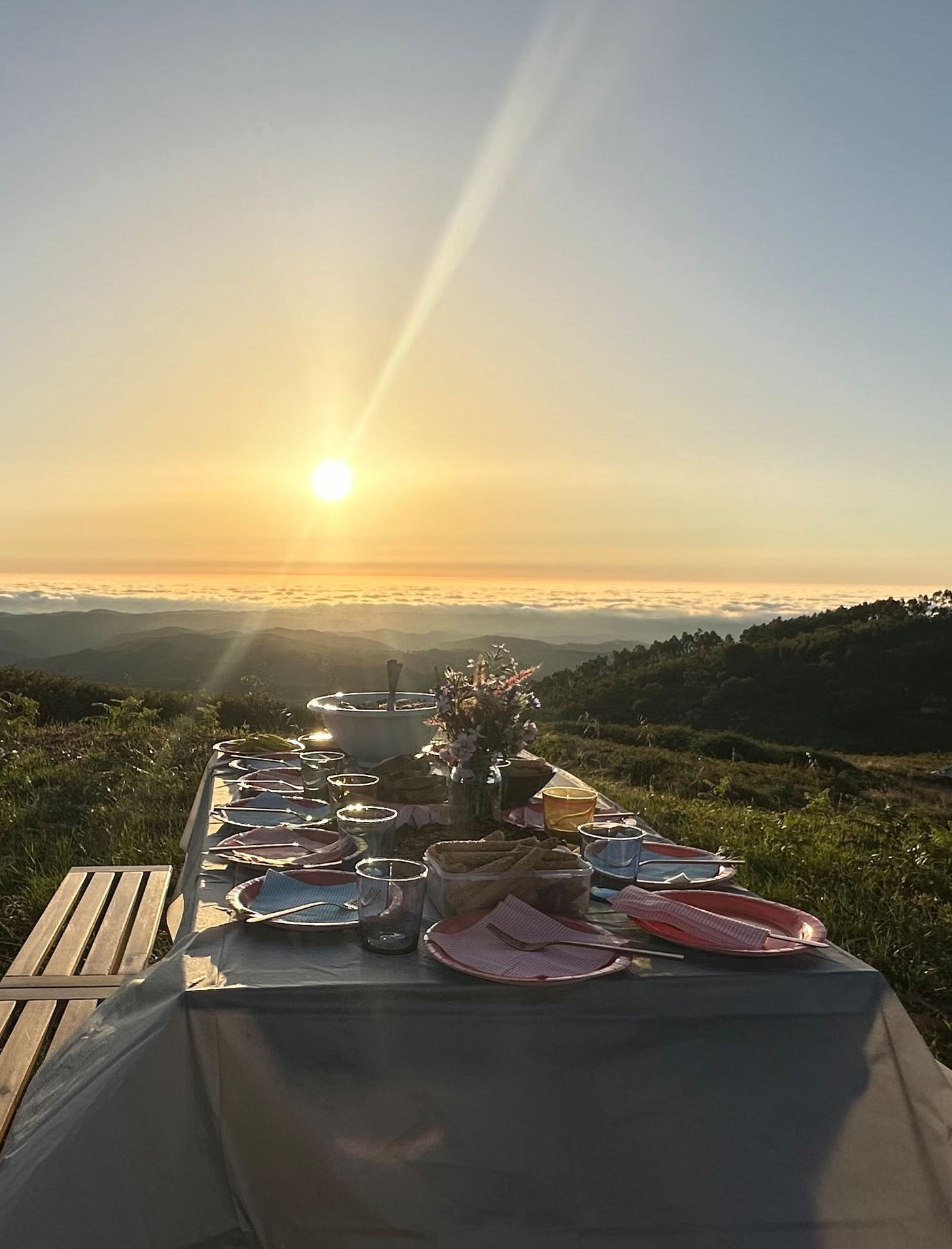 Curated sunset table setting in warm evening light